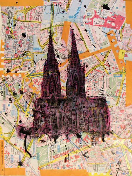 Der Kölner Dom ist eine Zeichnung in Tinte auf Stadtplan Collage von MW Art Marion Waschk