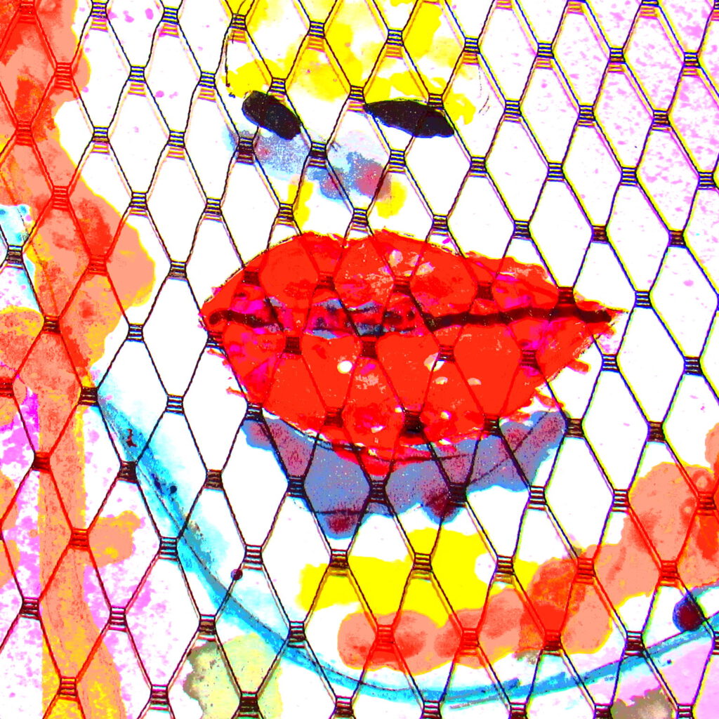 Mixed Media Kunstwerk von MW Art Marion Waschk, Auszug weibliches Gesicht, ein Kussmund in kunterbunten Farben überlagert von Rauten
